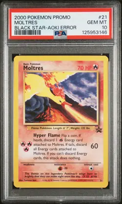 2000 WOTC POKEMON MOVIE MOLTRES #21 BLACK STAR PROMO AOKI ERROR PSA 10 GEM MT L - Image 1