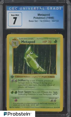 1999 Pokemon Base Set 1st Edition Shadowless #54 Metapod CGC 7.5 NM - Image 1
