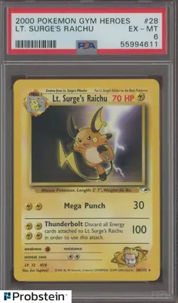 2000 Pokemon Gym Heroes #28 Lt Surges Raichu PSA 6 EX-MT - Image 1