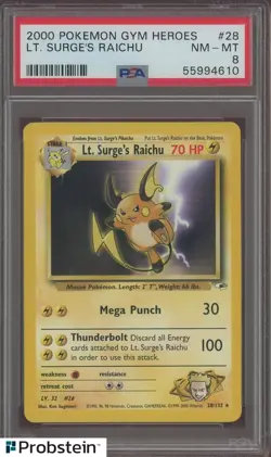 2000 Pokemon Gym Heroes #28 Lt Surges Raichu PSA 8 NM-MT - Image 1