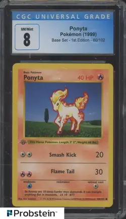 1999 Pokemon Base Set 1st Edition Shadowless #60 Ponyta CGC 8 NM-MT - Image 1