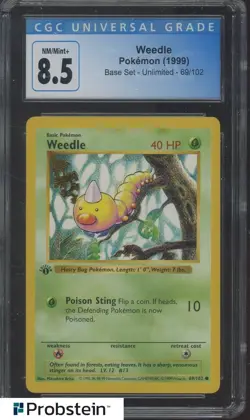 1999 Pokemon Base Set 1st Edition Shadowless #69 Weedle CGC 8.5 NM-MT+ - Image 1