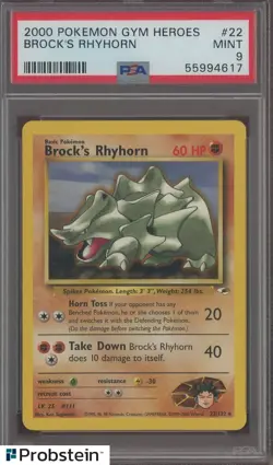 2000 Pokemon Gym Heroes #22 Brock's Rhyhorn PSA 9 MINT - Image 1