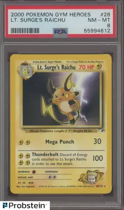 2000 Pokemon Gym Heroes #28 Lt Surges Raichu PSA 8 NM-MT - Image 1