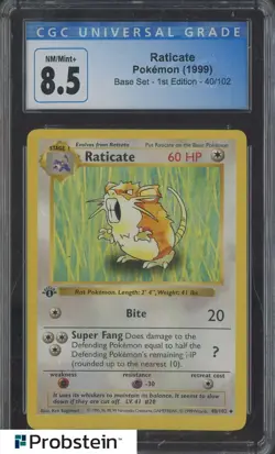 1999 Pokemon Base Set 1st Edition Shadowless #40 Raticate CGC 8.5 NM-MT+ - Image 1