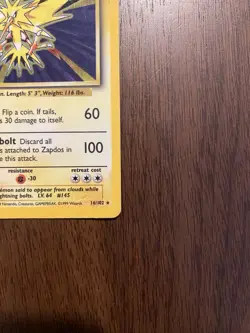 1999 Pokemon WOTC: Base Set Zapdos 16/102 Holo Rare Vintage - Lightly Played - Image 4