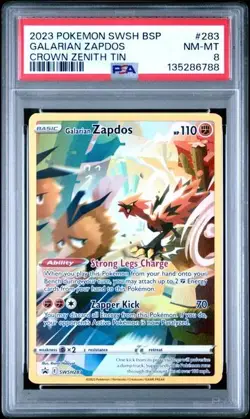 2023 POKEMON CROWN ZENITH TINS GALARIAN ZAPDOS SWSH283 PROMO FULL ART HOLO PSA 8 - Image 1