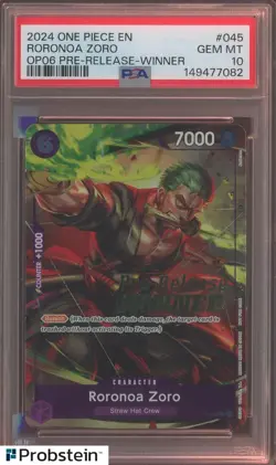 2024 One Piece OP06 Pre-Release Winner Roronoa Zoro Promo #P-045 PSA 10 - Image 1