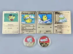 Pokemon Metal Gold Coins & Cards Lot - Bulbasaur, Squirtle & Pikachu - Pokemon - Image 1