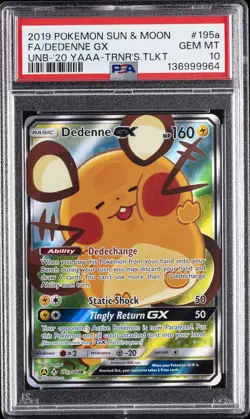 2019 POKEMON SUN & MOON UNBROKEN BONDS #195A FULL ART/DEDENNE GX PSA 10 - Image 1