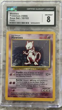 1999 Pokemon Mewtwo Holo Base Set 10/102 Near Mint CGC 8 - Image 1