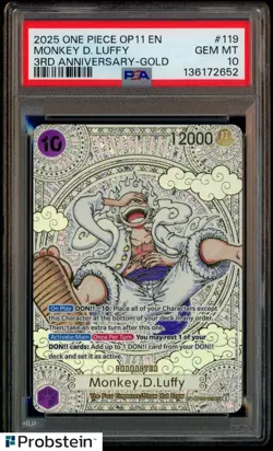 2025 ONE PIECE OP11 ENGLISH MONKEY.D.LUFFY 3RD ANNIVERSARY GOLD PSA 10 - Image 1
