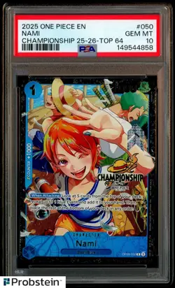 TCG 2025 One Piece EN Championship 25-26 Top 64 #050 Nami PSA 10 GEM MINT - Image 1