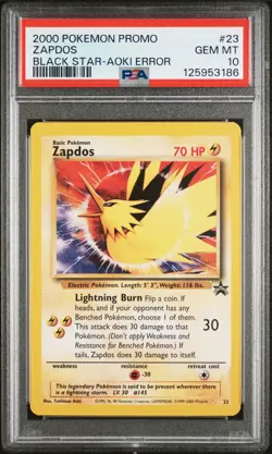 2000 WOTC POKEMON MOVIE ZAPDOS #23 BLACK STAR PROMO AOKI ERROR PSA 10 GEM MT G - Image 1