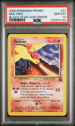 2000 WOTC POKEMON MOVIE MOLTRES #21 BLACK STAR PROMO AOKI ERROR PSA 10 GEM MT H - Image 1