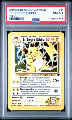2000 WOTC POKEMON GYM CHALLENGE UNLIMITED LT. SURGE'S RAICHU #11/132 HOLO PSA 8 - Image 1
