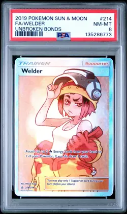 2019 POKEMON SUN & MOON UNBROKEN BONDS WELDER #214/214 ULTRA RARE HOLO PSA 8 - Image 1