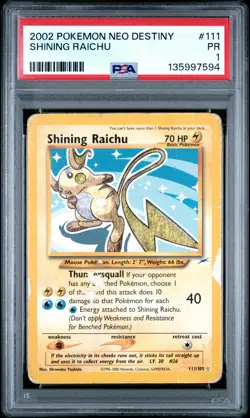 PSA 1 Shining Raichu 111/105 2002 Neo Destiny Secret Rare Pokemon Card - Image 1