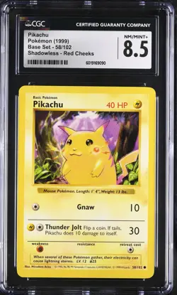 CGC 8.5 Pikachu 1999 Base Set 58/102 Shadowless Red Cheeks Pokemon Card psa - Image 1