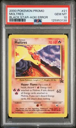 2000 WOTC POKEMON MOVIE MOLTRES #21 BLACK STAR PROMO AOKI ERROR PSA 10 GEM MT F - Image 1