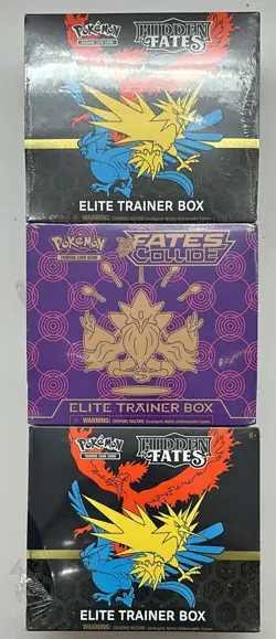 Lot of (3) Pokemon TCG Assorted ETB (2) Hidden Fates (1) Fates Collide w/Tears - Image 1