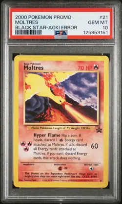 2000 WOTC POKEMON MOVIE MOLTRES #21 BLACK STAR PROMO AOKI ERROR PSA 10 GEM MT Q - Image 1