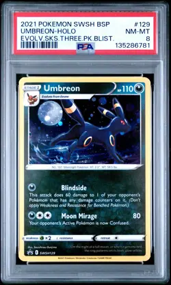 2021 POKEMON EVOLVING SKIES THE PACK BLISTER PROMO UMBREON SWSH129 HOLO PSA 8 - Image 1