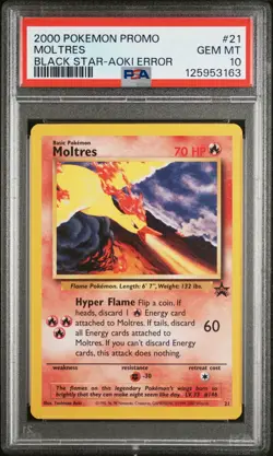 2000 WOTC POKEMON MOVIE MOLTRES #21 BLACK STAR PROMO AOKI ERROR PSA 10 GEM MT A2 - Image 1
