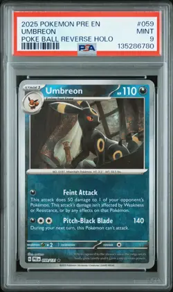 2025 POKEMON PRISMATIC EVOLUTIONS UMBREON #059/131 POKE BALL REVERSE HOLO PSA 9 - Image 1