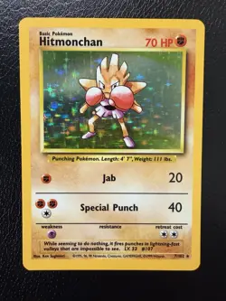 Pokemon Hitmonchan Holo Rare Base Set 7/102 WoTC 1999 LP - Image 1