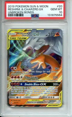 2019 POKEMON S&M RESHIRAM & CHARIZARD GX TAG TEAM UNBROKEN BONDS #20/214 PSA 10 - Image 1