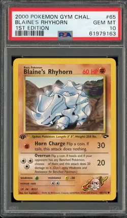 PSA 10 Blaine's Rhyhorn 1st Edition Gym Challenge 65/132 Pokemon Card - Image 1