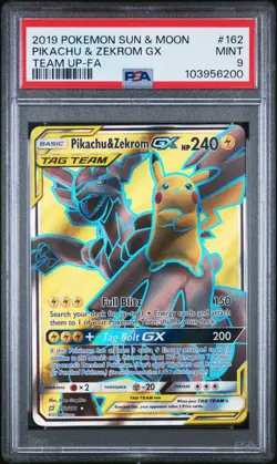 2019 POKEMON SUN & MOON TEAM UP #162 FULL ART/PIKACHU & ZEKROM GX PSA 9 - Image 1