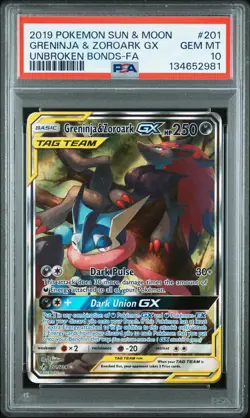 2019 POKEMON SUN & MOON UNBROKEN BONDS FULL ART/GRENINJA & ZOROARK GX PSA 10 - Image 1