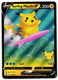 Surfing Pikachu V 008/025 - 🌊 Celebrations V Rare Pokemon TCG Holo 🖤 - LP - Image 1