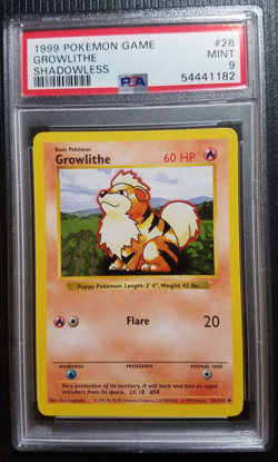 1999 POKEMON BASE SET SHADOWLESS #28/102 GROWLITHE PSA 9 MINT - Image 1