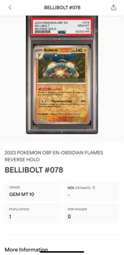 PSA 10 2023 POKEMON OBF EN-OBSIDIAN FLAMES REVERSE HOLO BELLIBOLT #078 Graded - Image 3