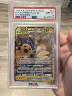 Raichu Alolan Raichu GX 54 Unified Minds Full Art Psa 10 - Image 1