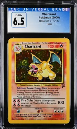 CGC 6.5 EX/NM+ 2000 CHARIZARD POKEMON HOLO BASE SET 2 4/130 SWIRL - Image 1