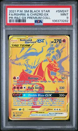 2021 POKEMON SM BLACK STAR PROMO #SM247 FULL ART/RESHIRAM & CHARIZARD GX PSA 9 - Image 1