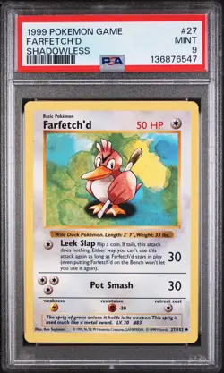 1999 POKEMON BASE SET SHADOWLESS #27 FARFETCH'D PSA 9 - Image 1