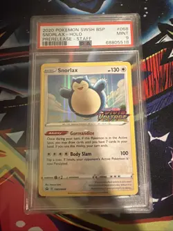 Pokemon Snorlax SWSH068 Vivid Voltage Prerelease Staff Holo PSA 9 - Image 1