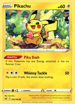 Pikachu #052/196 SWSH11: Lost Origin Near Mint or Better - Pokemon Card - Image 1