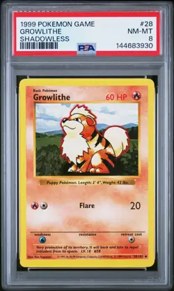 1999 Pokemon BASE SET #28/102 SHADOWLESS Growlithe PSA 8 - Image 1