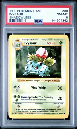 1999 POKEMON BASE SET SHADOWLESS #30 IVYSAUR PSA 8 - Image 1