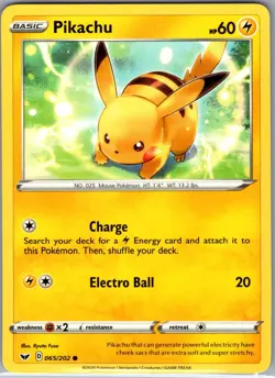 Pikachu 065/202 Non Holo SWSH01: Sword & Shield Base Set - Pokemon Card - NM - Image 1