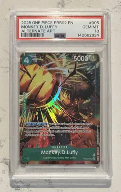 PSA 10 Gem Mint One Piece PRB02-005 Monkey D. Luffy Alternate Art English - Image 1