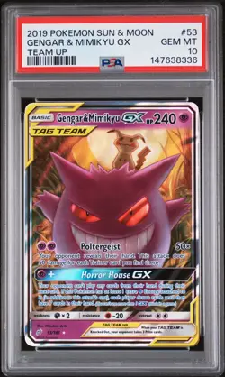 2019 POKEMON SUN & MOON TEAM UP #53 GENGAR & MIMIKYU GX PSA 10 - Image 1