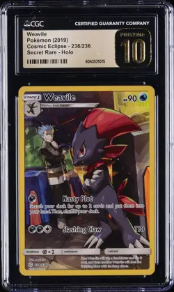 2019 COSMIC ECLIPSE POKEMON SECRET RARE- HOLO #238/236 WEAVILE CGC 10 PERFECT - Image 1