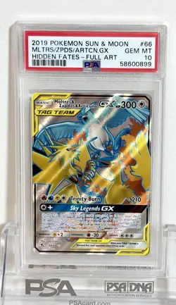 NEW 2019 POKEMON HIDDEN FATES 66 FULL ART MOLTRES ZAPDOS & ARTICUNO GX - PSA 10 - Image 1